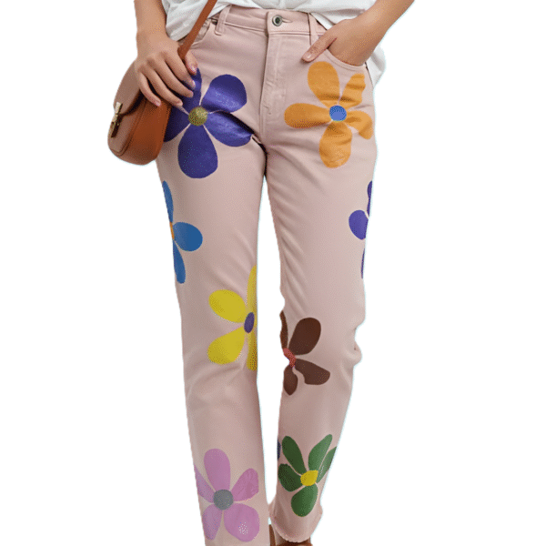 hand-painted pastel pink denim pants