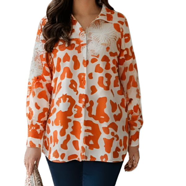Orange & White Printed Shirt with Lace Applique