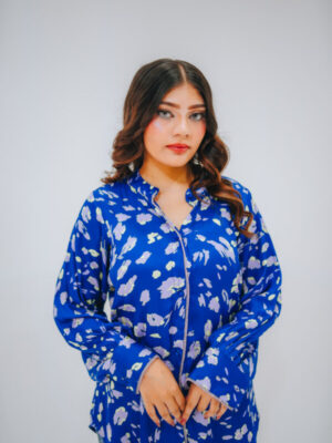 Woman wearing Abstract Floral Luxe Silk Shirt in Royal Blue