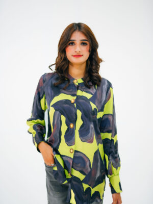 Front view of woman wearing Abstract Luxe Silk Shirt in Lime Noir