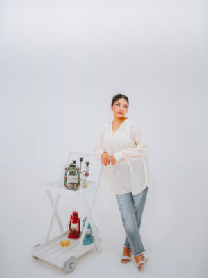 Golden polka dot linen shirt for women