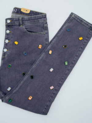 Multi GemStone Embellished Pant in dark grey denim