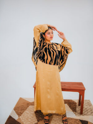 Tiger Stripe Printed Cape Overlay Detail - Plain Silk Dress